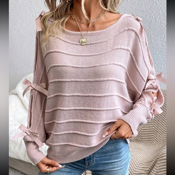 Cozy Batwing Sleeve Boat Neck Knot Detail Split Sleeve Sweater Top - Picture 3 of 7